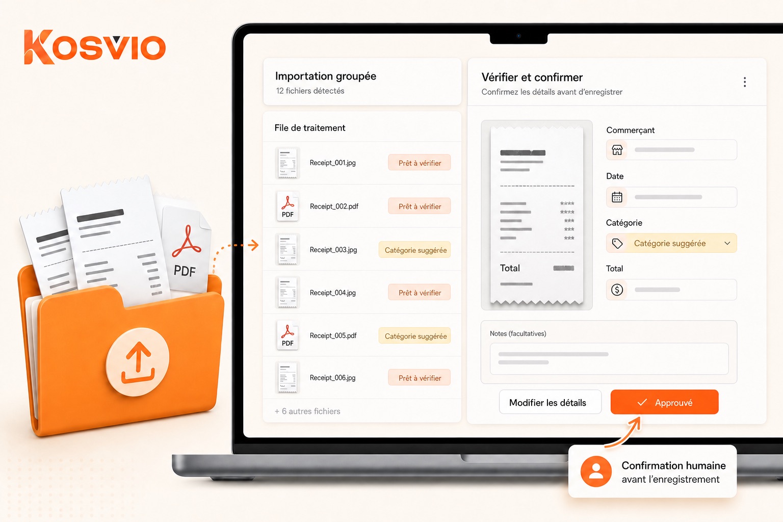 Importation groupée de reçus dans Kosvio avec une file de traitement et un panneau de vérification humaine
