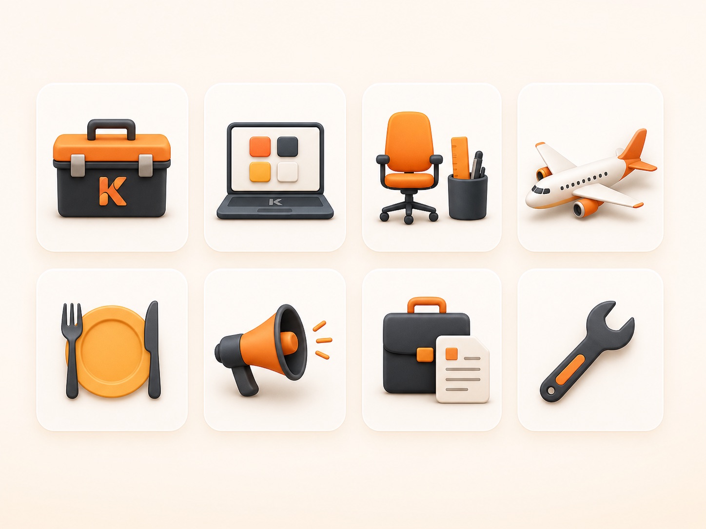 Eight branded Kosvio cards representing common business expense categories