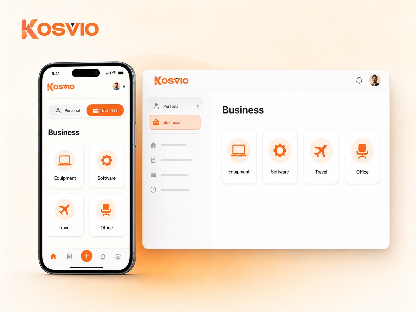 Kosvio account with separate Personal and Business workspaces and Business selected