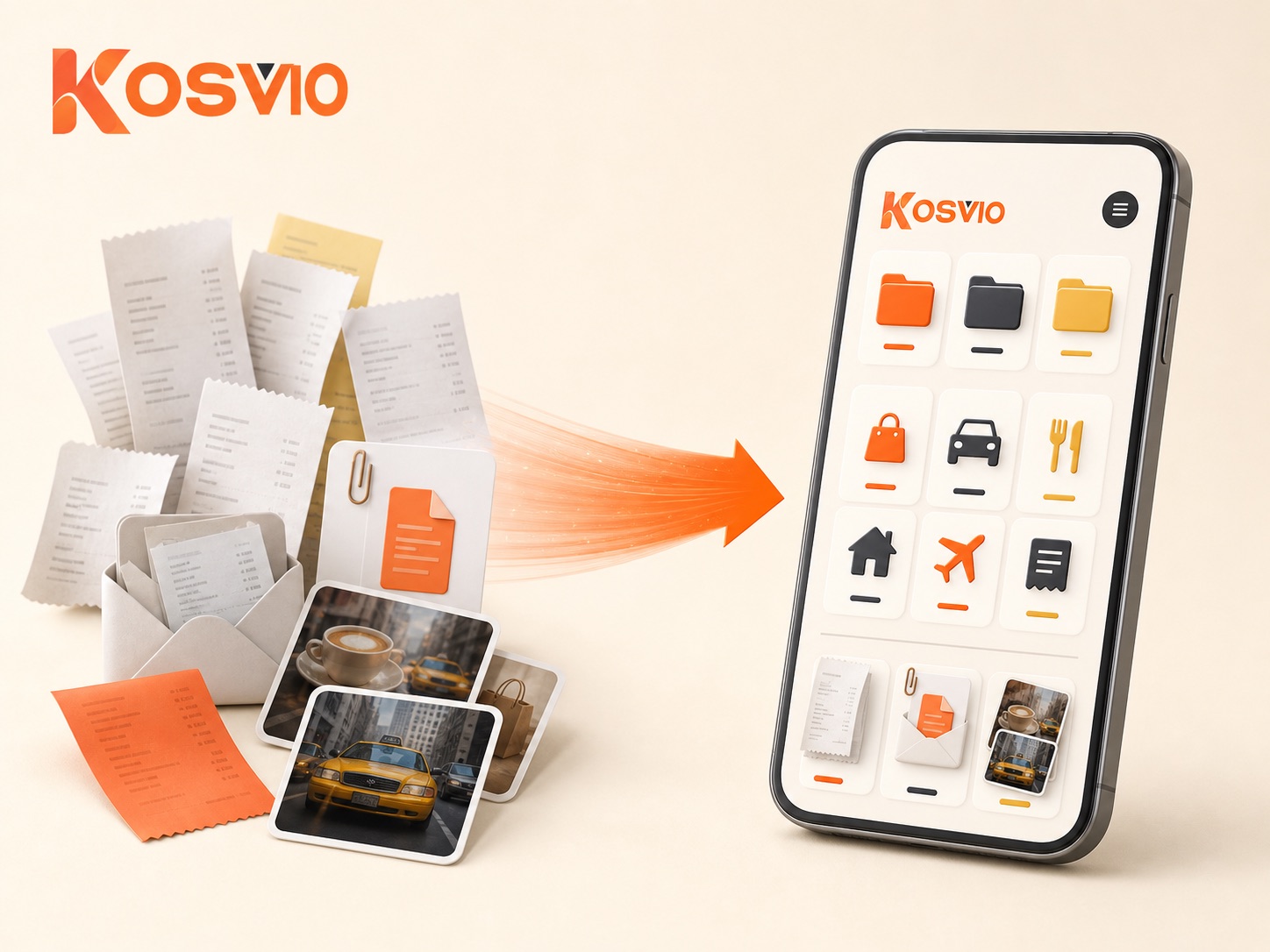 Scattered receipts and document photos becoming neatly organized in the Kosvio mobile app