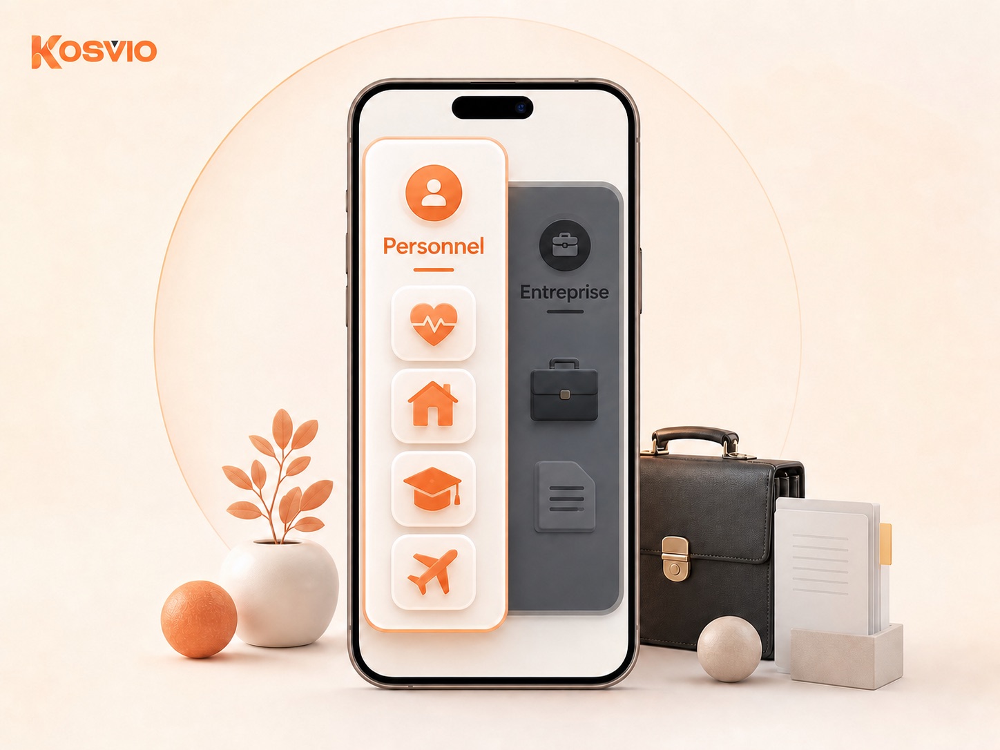 L’application mobile Kosvio affiche un espace Personnel sélectionné, séparé d’un espace Entreprise
