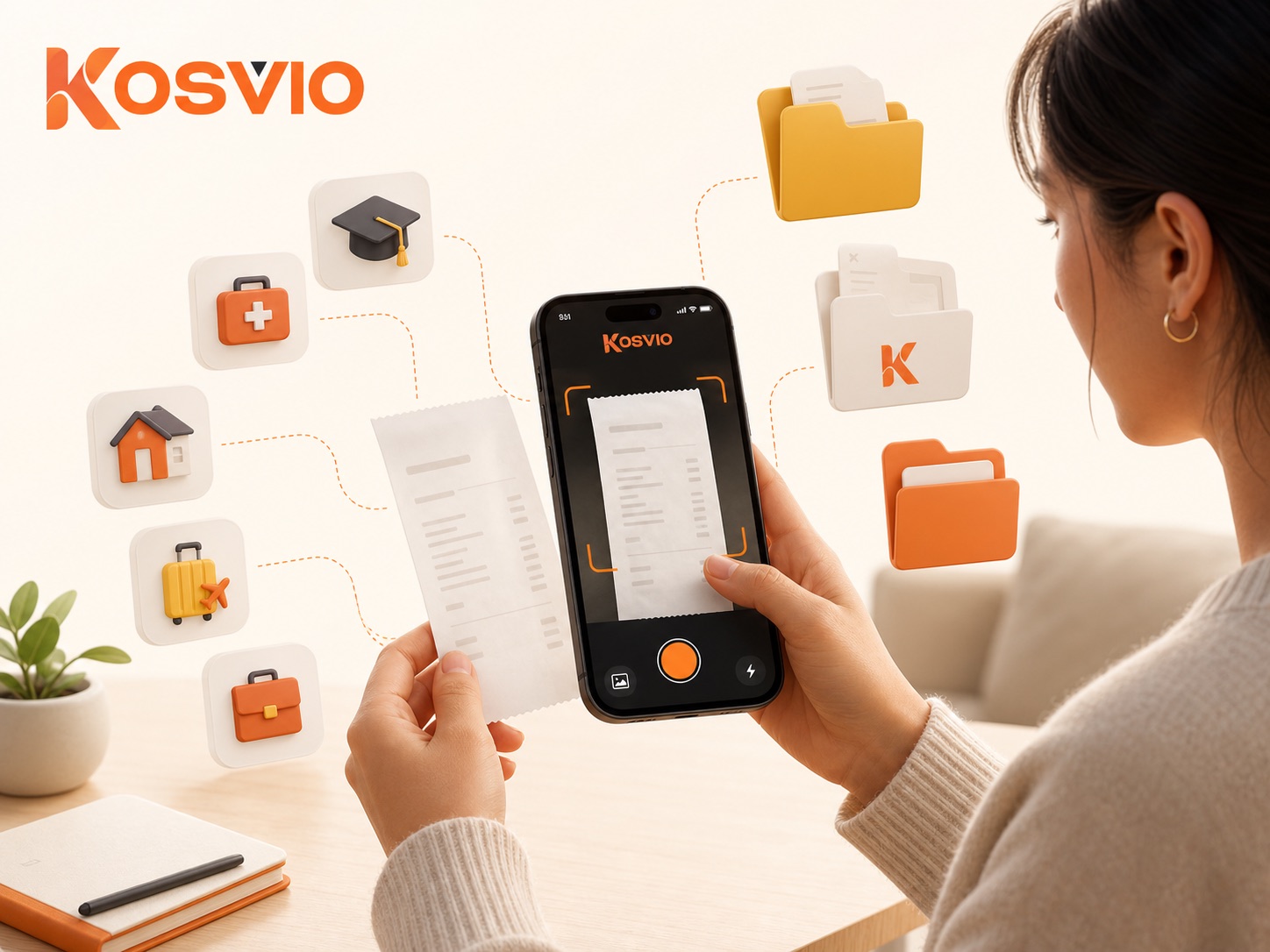A person scanning a receipt in Kosvio with personal expense categories arranged around the phone